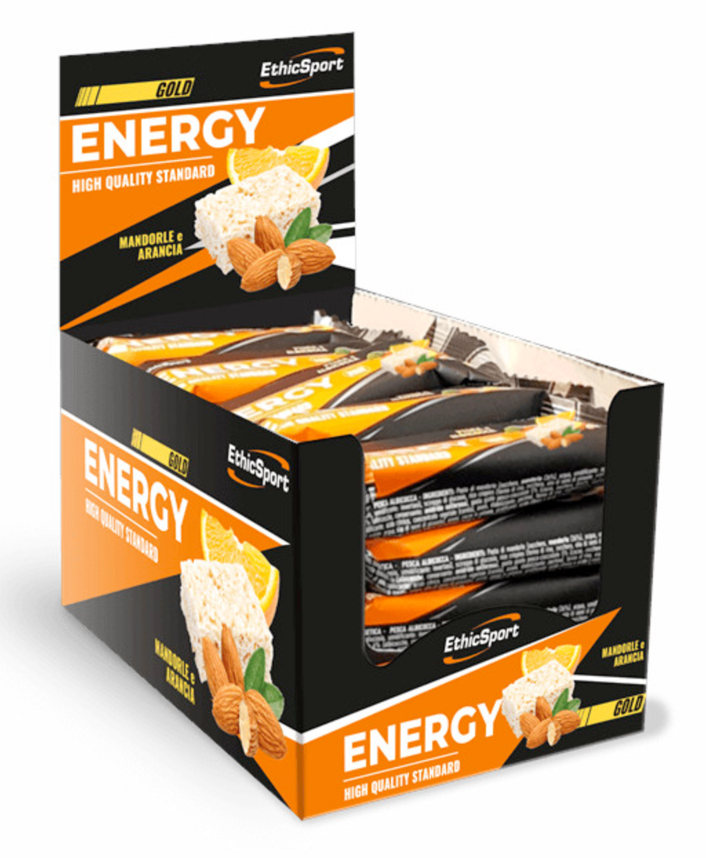 BOX BARS ETHIC SPORT ENERGY HIGH QUALITY STANDARD ALMOND AND ORANGE